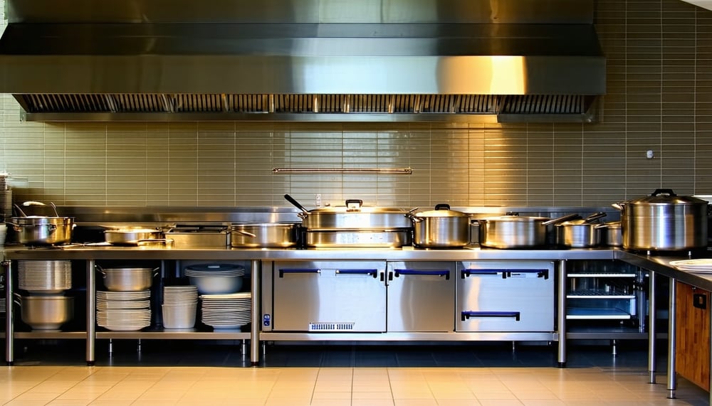 Commercial kitchen equipment setup in a hotel kitchen