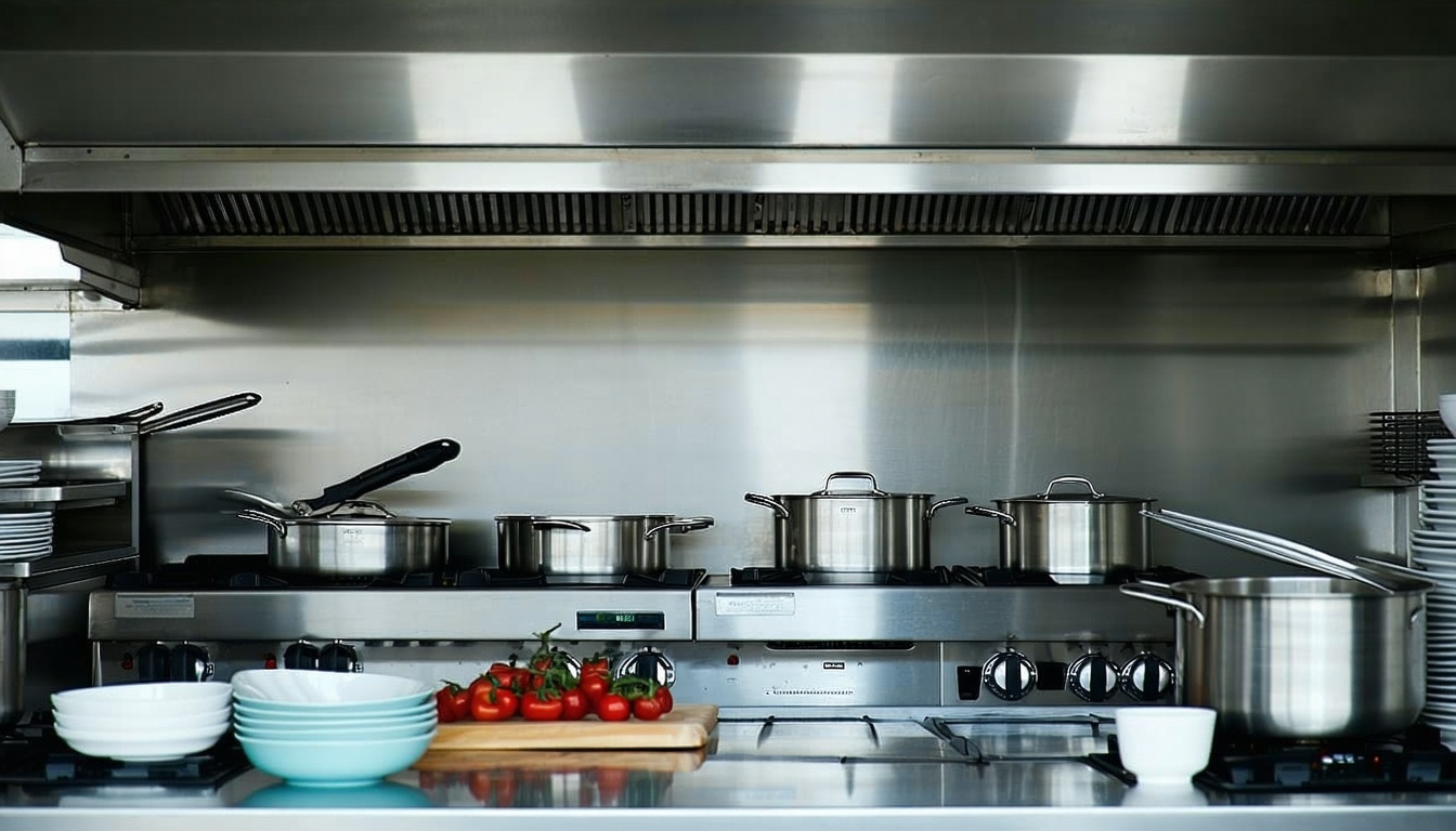 Commercial kitchen equipments in a professional hotel setting